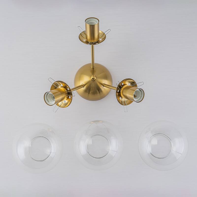 3-Light Brushed Brass Glass Globe Sputnik Semi Flush Mount