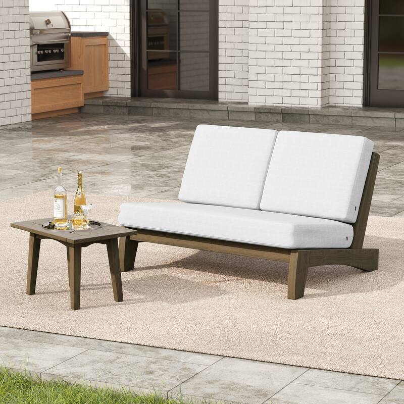 2-Piece Outdoor Teak Wood Loveseat Patio Set with Side Table - Beige-Separate Cushion - Natural Frame