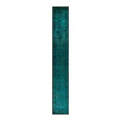 Overton Hand Knotted Wool Vintage Inspired Modern Contemporary Overdyed Green Area Rug - 3' 2" x 22' 1"