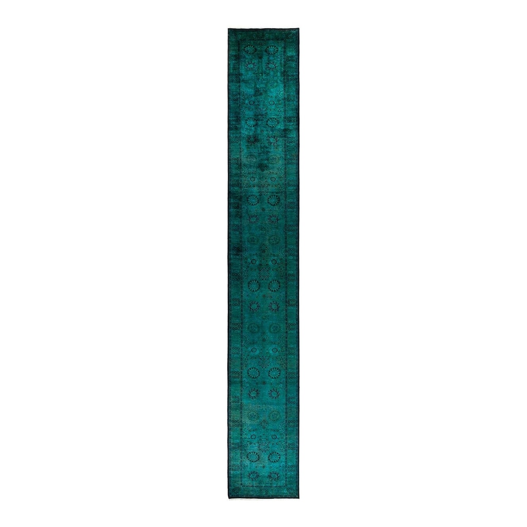 Overton Hand Knotted Wool Vintage Inspired Modern Contemporary Overdyed Green Area Rug - 3' 2" x 22' 1"