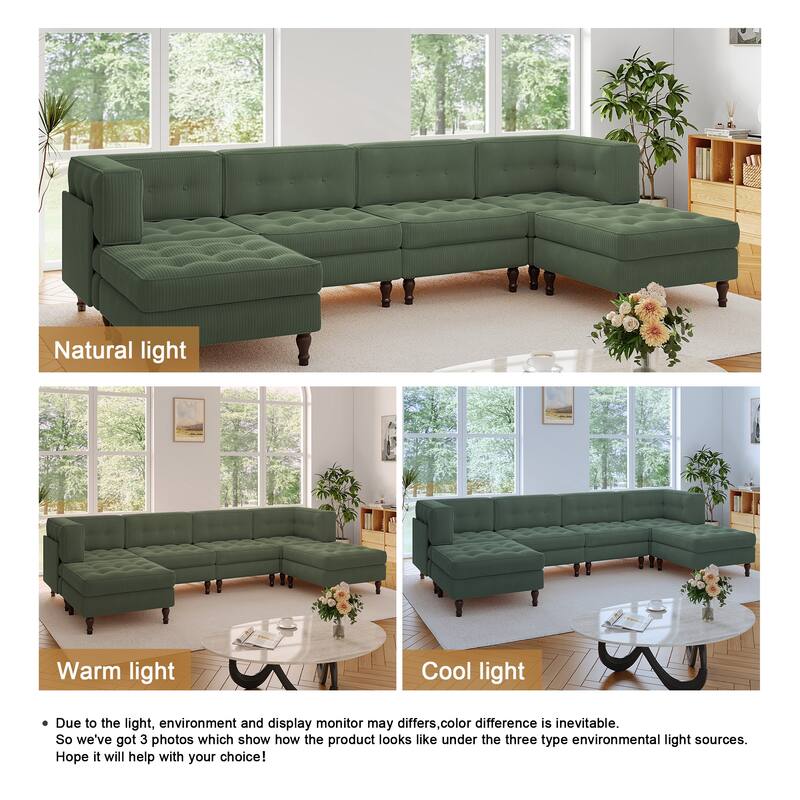 130"W Corduroy Upholstered Modular Sectional Sofa with Storage Ottoman