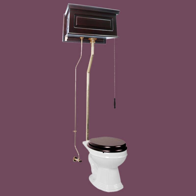 High Tank Toilet Dark Oak Finish Wooden Tank, Round Rear Entry Bowl And L Pipes Renovators Supply