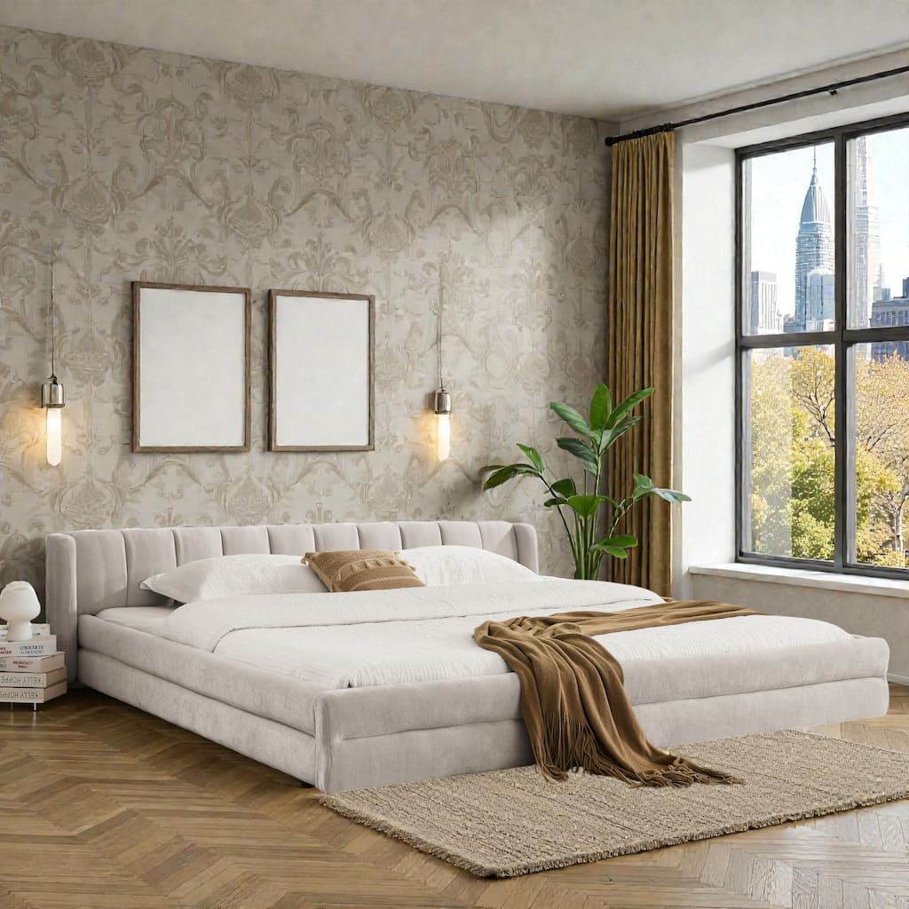 King Size Upholstered Platform Bed Frame with Chenille Fabric, Soft Headboard & Solid Grounded Design for Modern Bedrooms