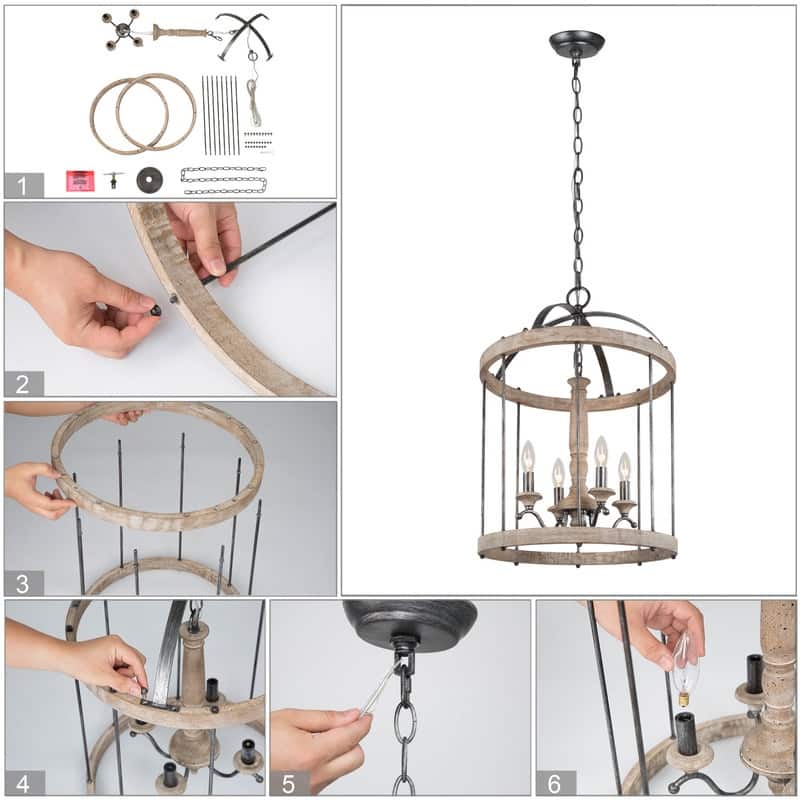 Modern Farmhouse 4-Light Wood Chandelier Cage Pendant Lights for Dining Room - D16" x H22.5"