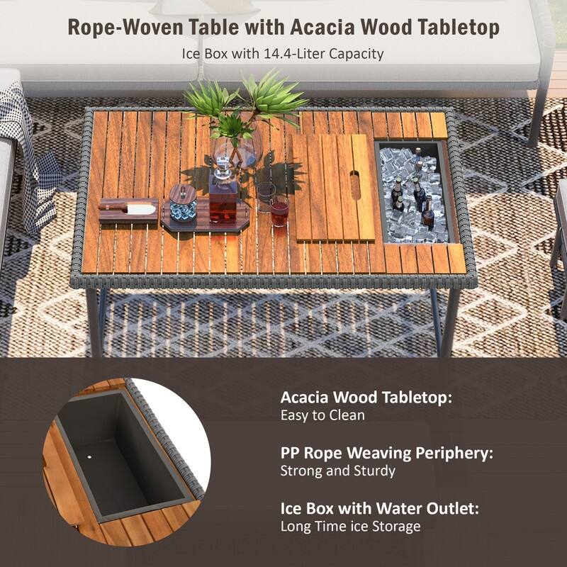 6 Piece Outdoor Sectional Sofa Set with Acacia Wood Table with Ice Box