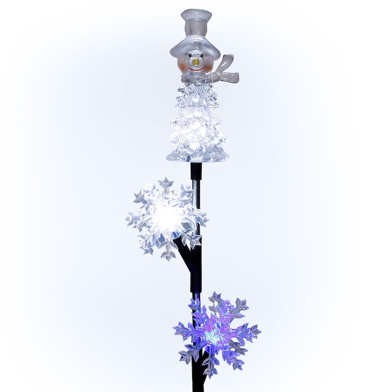 Alpine Corporation 33"H Outdoor Solar Snowman and Snowflakes Garden Stake with LED Lights - White