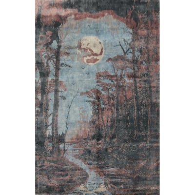 Hand Knotted Oriental Viscose Silk Carpet Modern Animal Pictorial Multi-Colored Abstract Area Rug - 7' 10'' X 5' 7''
