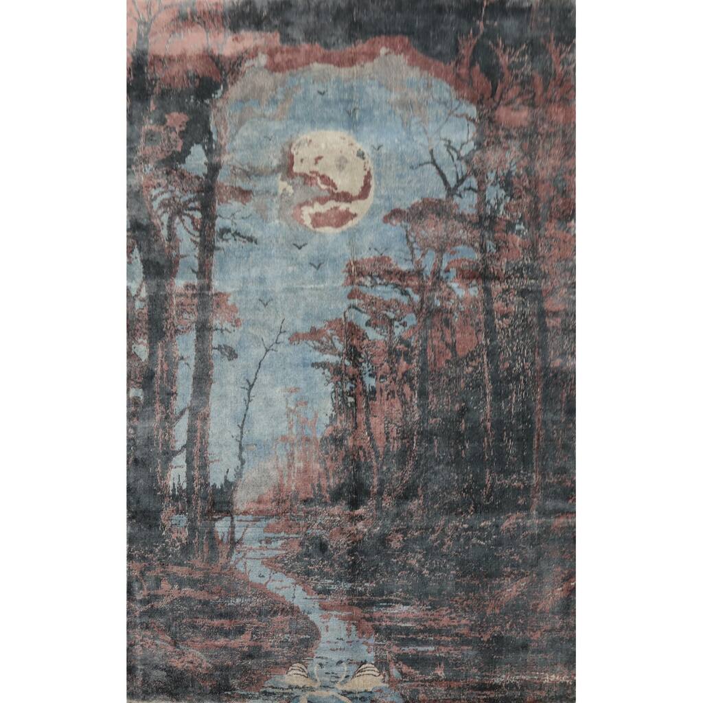 Hand Knotted Oriental Viscose Silk Carpet Modern Animal Pictorial Multi-Colored Abstract Area Rug - 7' 10'' X 5' 7''