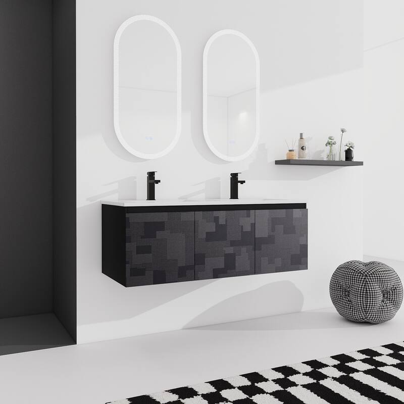 Plywood Wall Mounting Bathroom Vanity Set in Black with Integrated Ceramic Sink