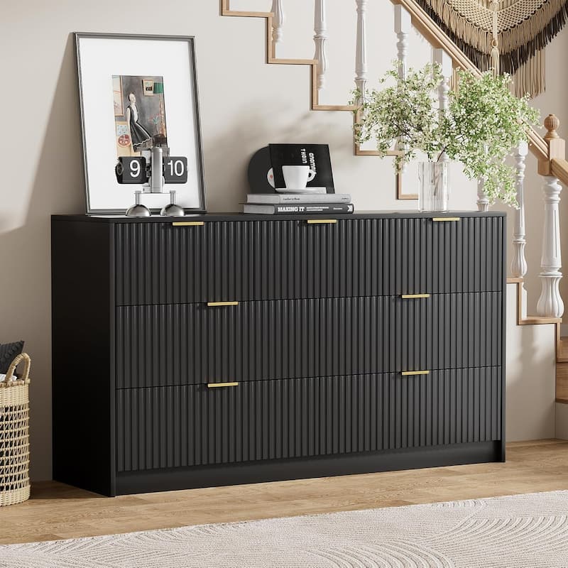 7 Drawer Dresser Fluted Wood Clothes Storage Cabinet, Modern Wide Dresser for Bedroom