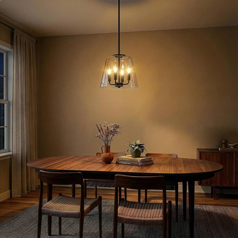 Htront Four-Light Pendant with Clear Striped Glass - Black - Black