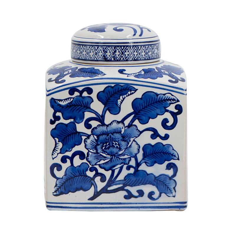 Floral Square Ceramic Canister Decoration - 8" - Blue and White