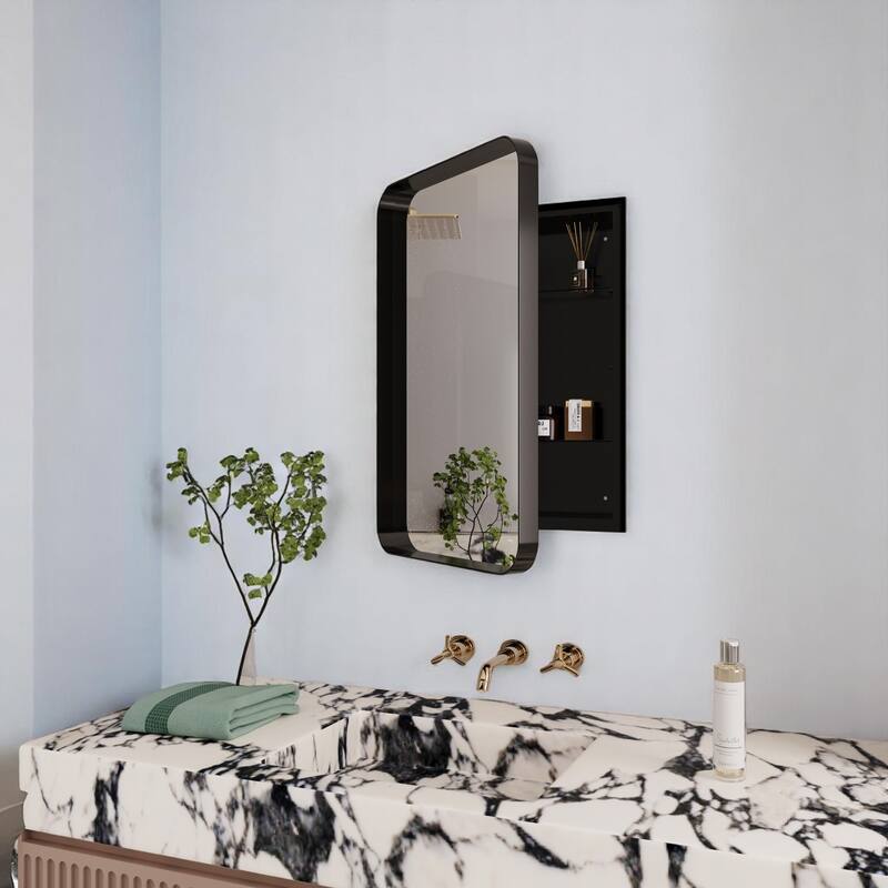 Metal Framed Medicine Cabinet 16"x24" with Mirror and Tempered Glass Shelves, Recessed or Wall Mount