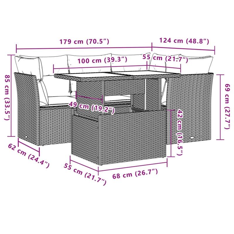 vidaXL Patio Sofa Set with Cushions Outdoor Furniture 5 Piece Poly Rattan