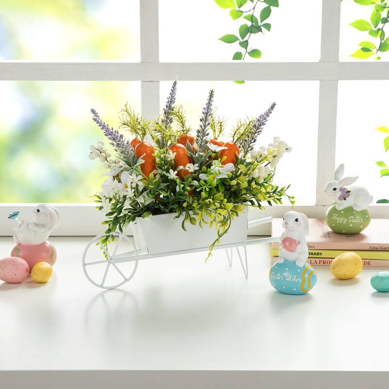 Glitzhome 12.5"L Easter Carrot Floral Wreath in Metal Wagon Centerpiece Table Decor