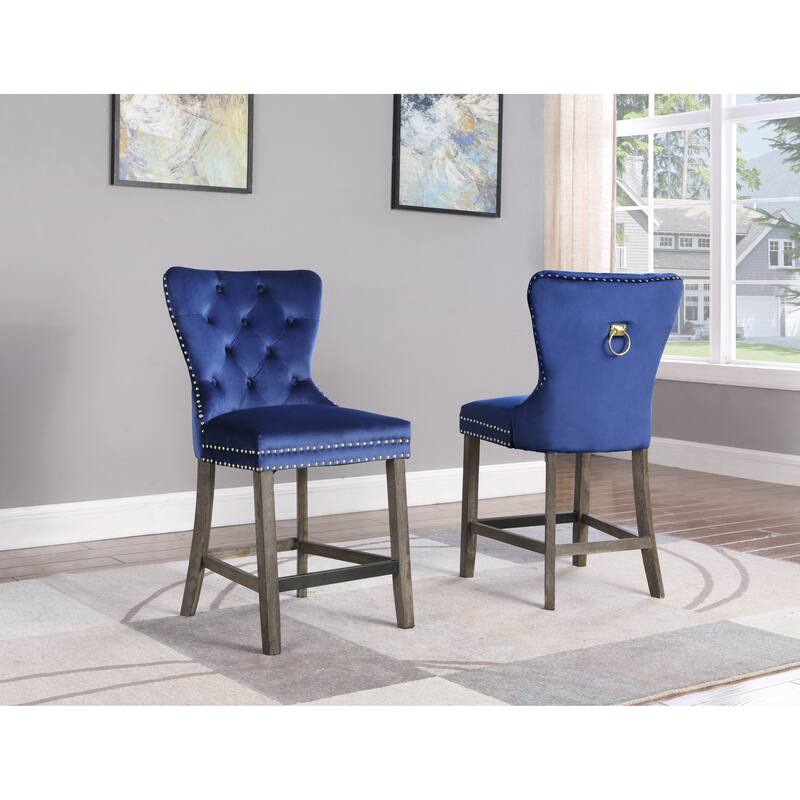 Best Quality Furniture Tufted Velvet Counter Chairs with Ring - Set of 2 - Navy Blue - Counter Height