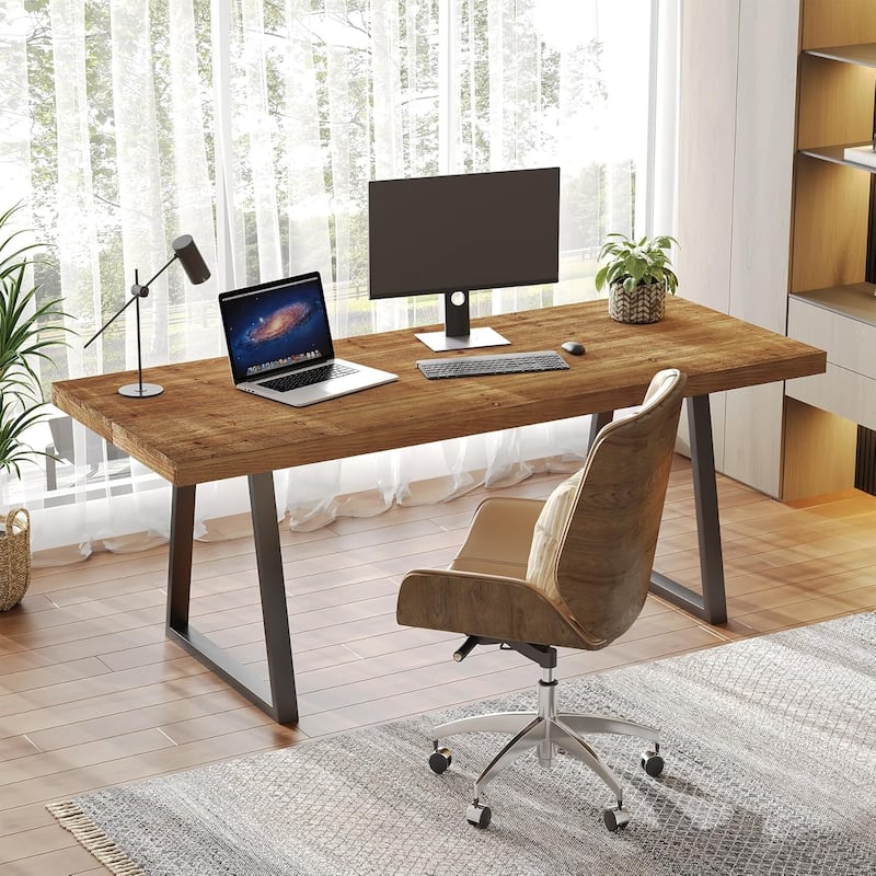 63" Industrial Solid Wood Executive Desk, Computer Laptop Desk with Strong Metal Legs, Study Writing Table Business Workstation