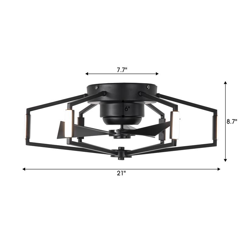 21" Modern Black Unique Low Profile Caged Ceiling Fan with Light and Remote