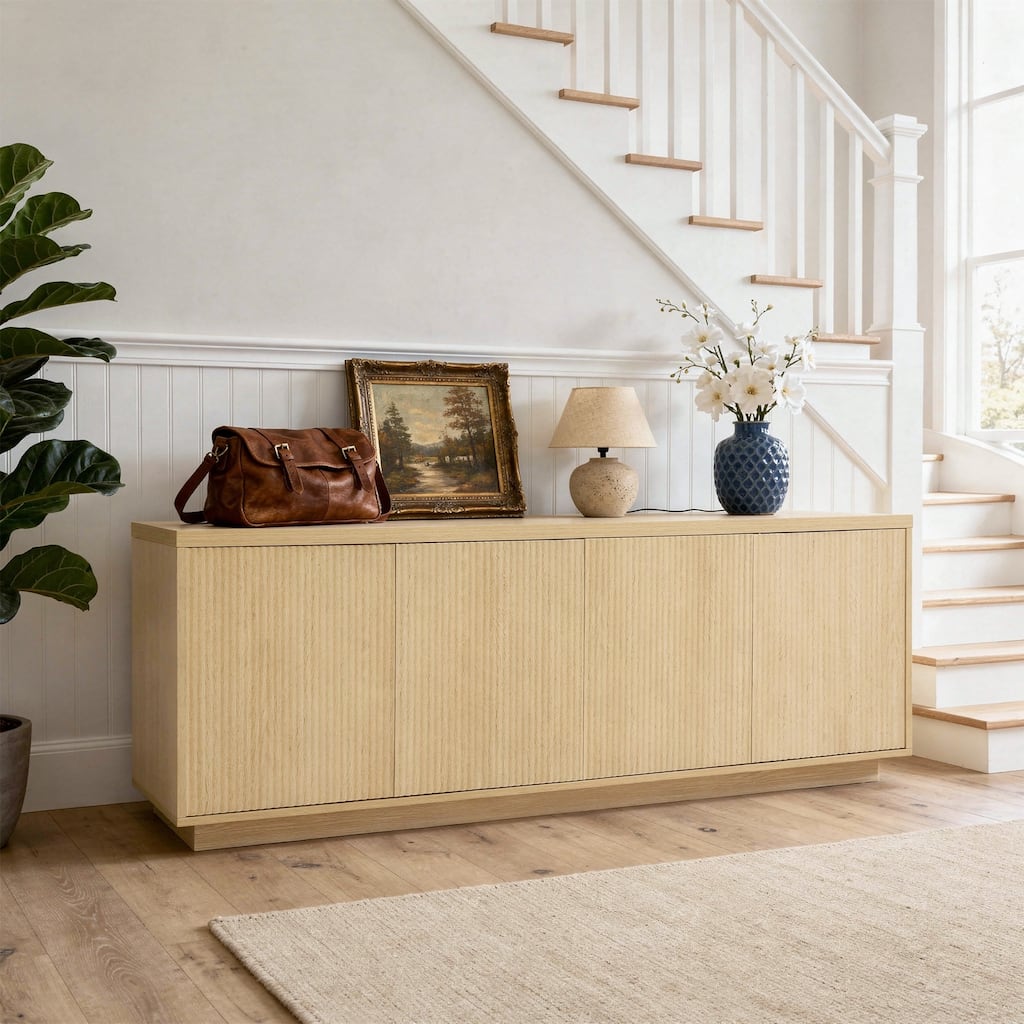 Solid Wood Fluted Doors 4-Door Storage Cabinet TV Stand