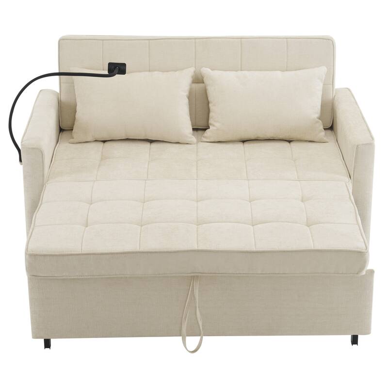Roomfitters Loveseat Pull-Out Sofa Bed with Reversible Backrest Cushion, Side Pockets, USB Ports, and Phone Holder