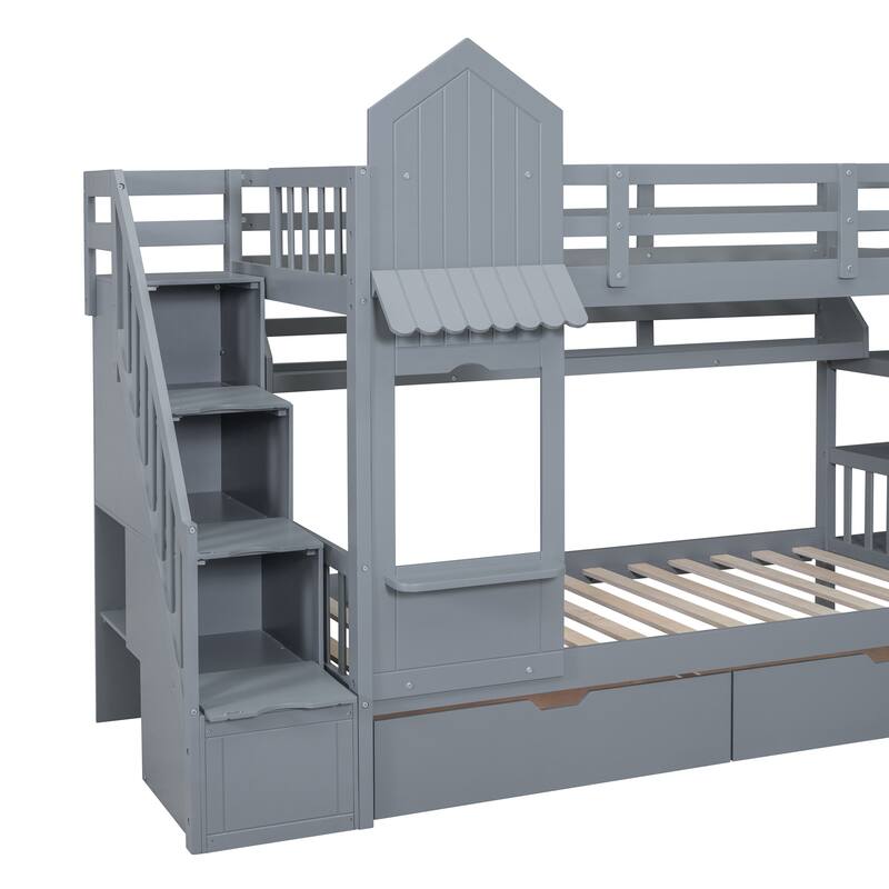 Gray Twin-Over-Twin Castle Bunk Bed with Slide, Drawers & Shelves for Kids