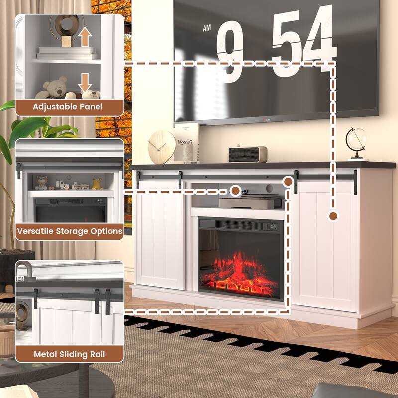 63" Farmhouse Fireplace TV Stand with Sliding Barn Door, Accommodates TVs Up to 65", Featuring Storage and Adjustable Shelves