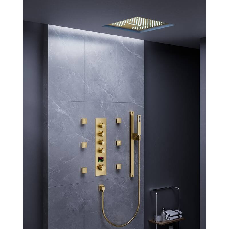 Digital Thermostatic Shower Set with Remote-Control LED Lights, Rainfall/Waterfall Combo and Massaging Jets
