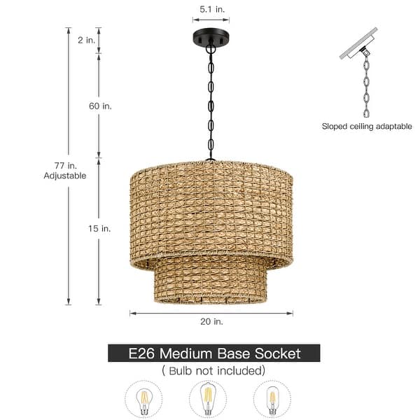 4-Light Natural Rattan Traditional Drum Pendant Light Black Canopy - Black/earthy - 20 in. W