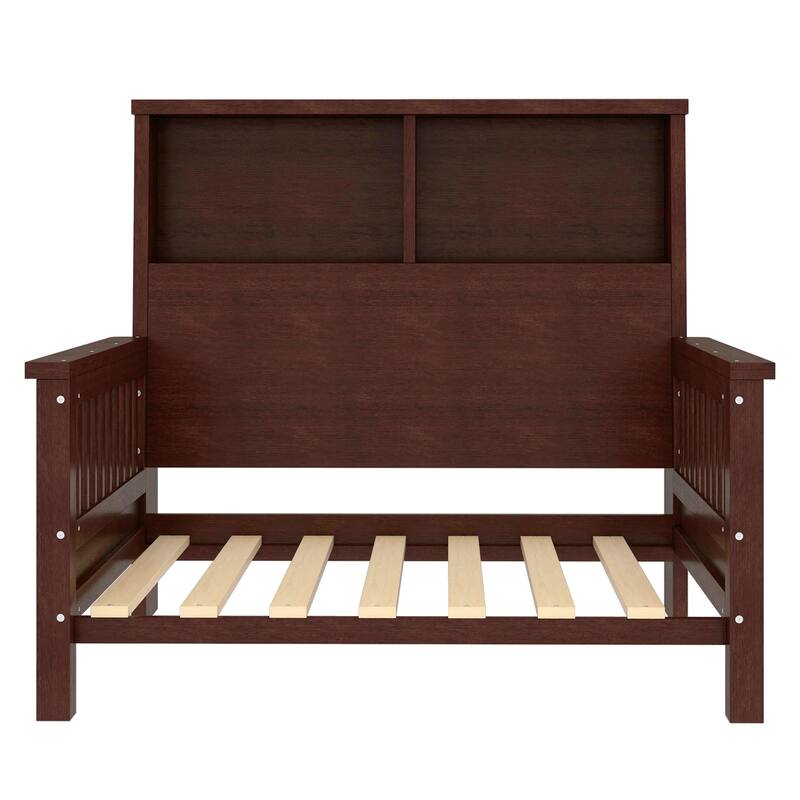 Espresso Twin Platform Bed with Pull-Out Storage Headboard & Safety Rails!
