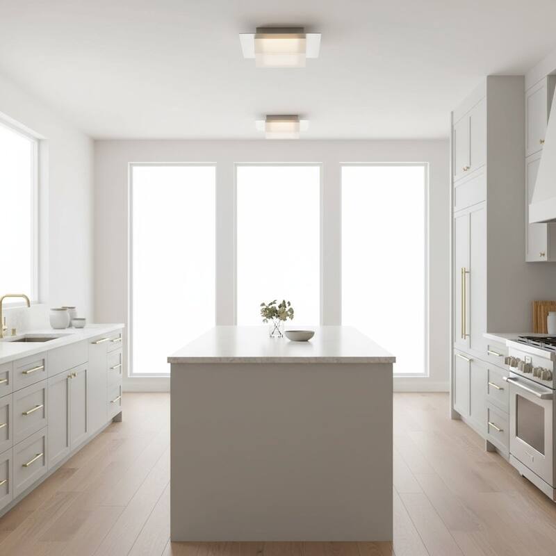 8 Inch Square LED Flush Mount Light Etched Acrylic Shade Dimmable - Chrome