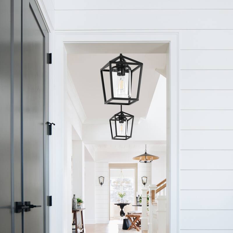 Matte Black Farmhouse Cage Pendant Light with Clear Glass Shade, Adjustable Height - 7.09 in.