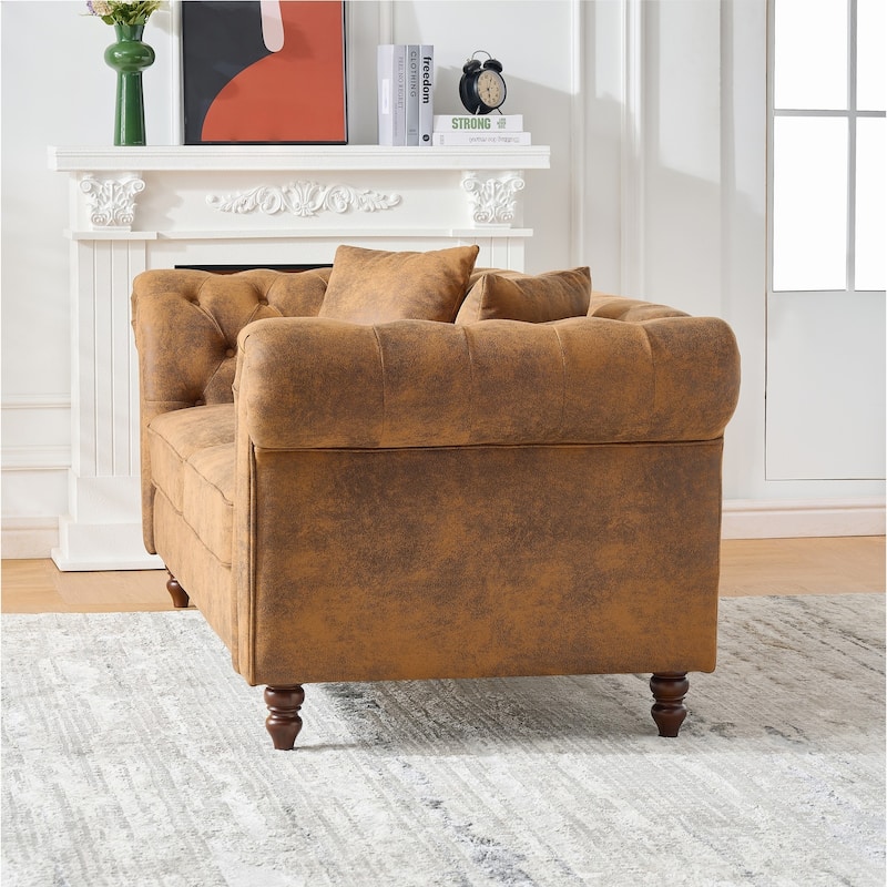 Roomfitters 80" + 63" Classic Chesterfield Upholstered Sofa and Loveseat Set, Button Back Scrolled Arm Couch, Brown