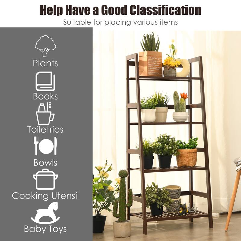 Costway 4-Tier Bamboo Ladder Shelf Plant Display Stand Rack Bookshelf - See details