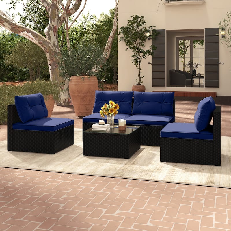 Gymax 5 PCS Patio Furniture Set w/ Seat & Back Cushions Tempered Glass
