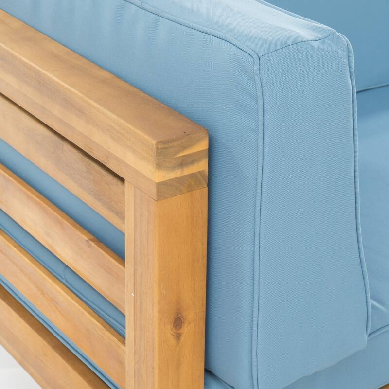 Oana Outdoor 5 Seater V Shaped Mid-Century Modern Acacia Wood Sectional Sofa Set with Coffee Table by Christopher Knight Home