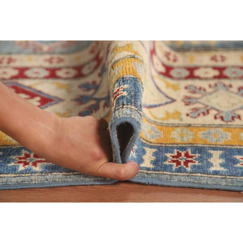 Geometric Kazak Area Rug Handmade Oriental Blue Wool Carpet - 6'7" x 9'10"