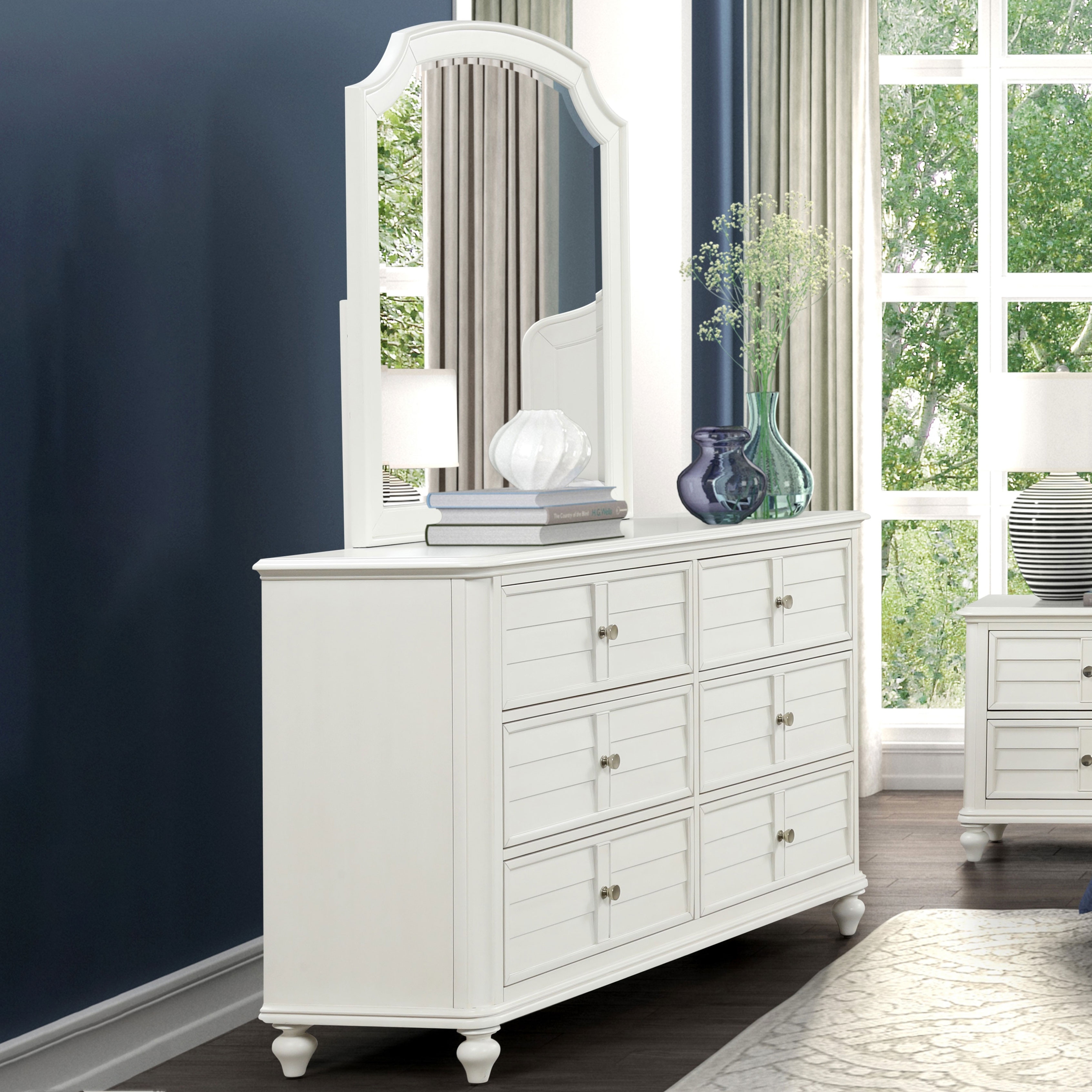 Furniture of America Skye Louvered 6-Drawer Dresser and Mirror Set, Antique White, 38"H x 64"W x 18"D Dresser, 42"H x 39.5"W x 1.5"D Mirror Furniture of America Skye Louvered 6-Drawer Dresser and Mirror Set, Antique White, 38"H x 64"W x 18"D Dresser, 42"H x 39.5"W x 1.5"D Mirror