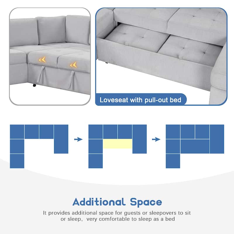 108.3'' Spacious U-Shape Sectional Sofa for 6, Pull-Out Bed, Lounge Chair with USB & Type-C Ports