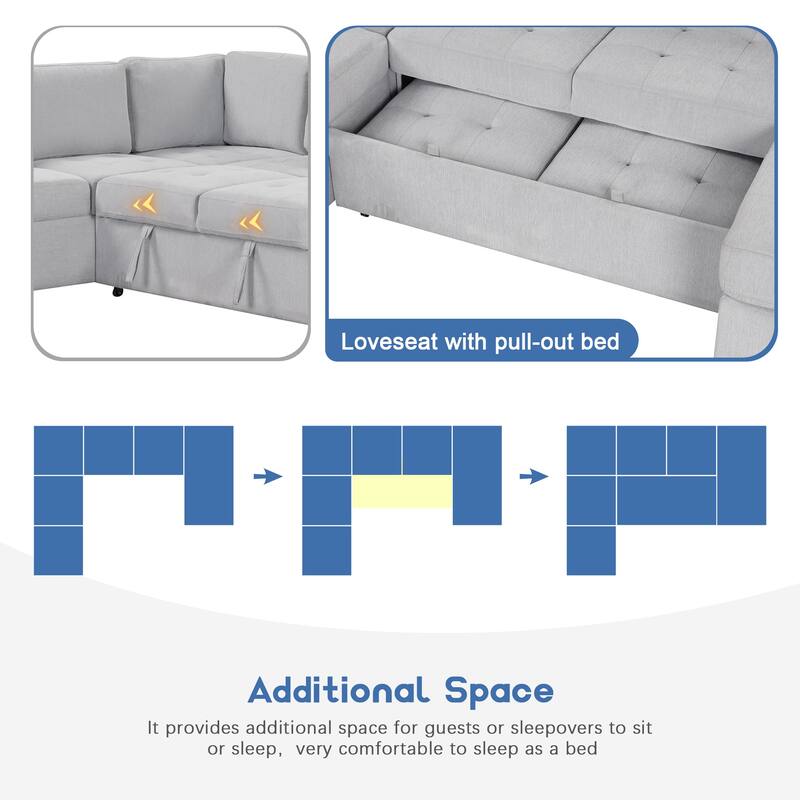 Grey 108.3" 6-Seater U-Style Sofa with Pull-Out Bed & USB Ports