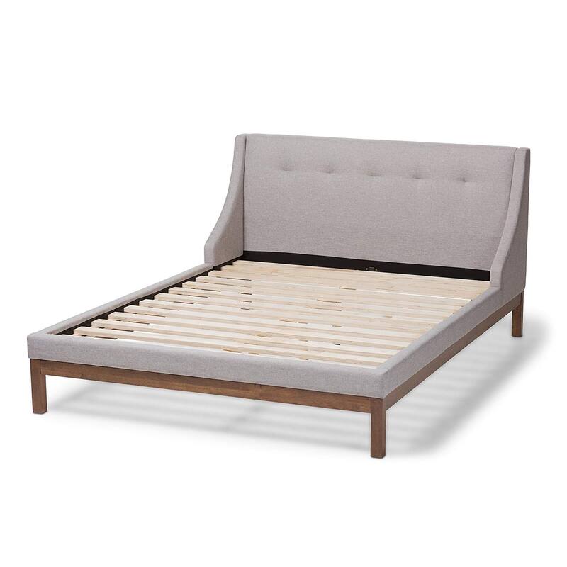 Full Platform Bed Grey Beige Upholstered Modern Bed Winged Headboard Walnut Frame