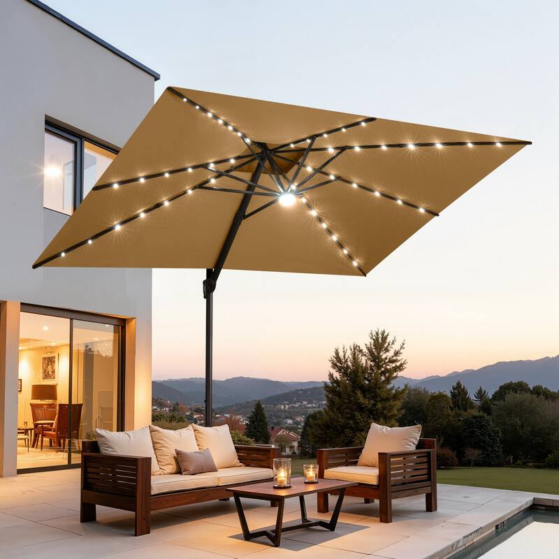 9 x11 FT Double Top Cantilever Patio Umbrella Large Rectangle with LED Lights - Tan with Lights