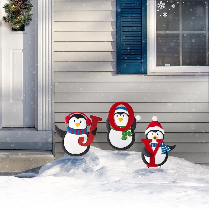 Glitzhome 42"H Christmas Metal JOY Penguin Yard Stake Wall Decor - Multi-color