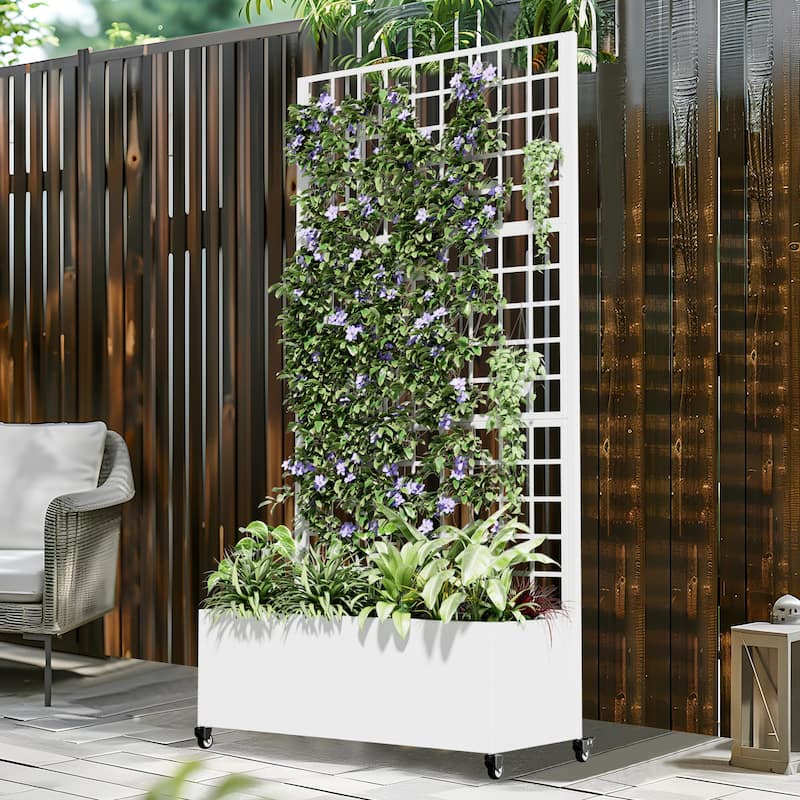Movable Raised Garden Bed with Trellis and Lockable Wheels - 71*35 - White