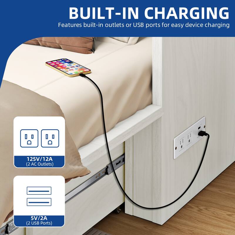 Moasis Farmhouse Full Size Murphy Bed Cabinet with Charging Station, Large Storage Drawer