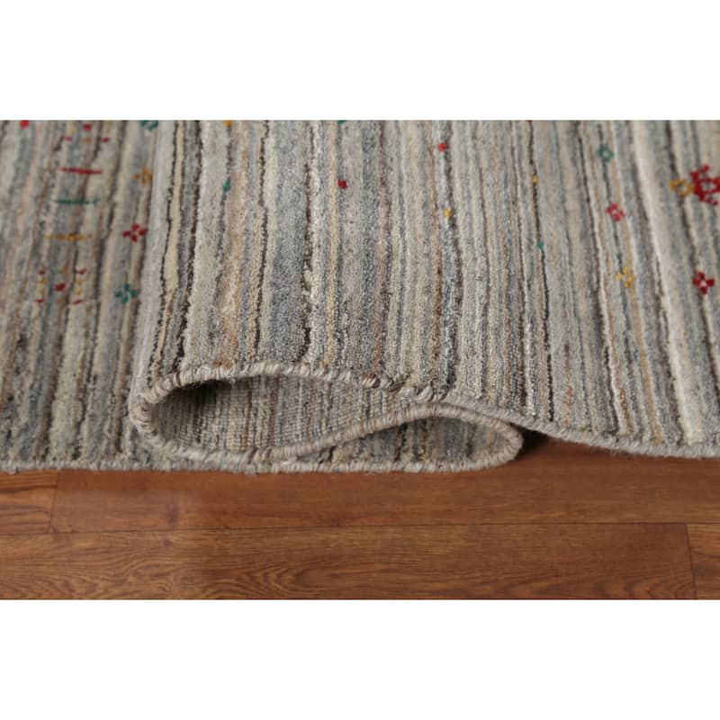 Striped Gabbeh Square Rug Hand-Knotted Gray Wool Carpet - 7'11"x 7'11"