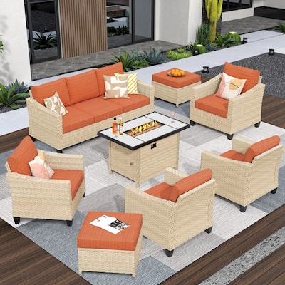 HOOOWOOO 8-piece Wicker Patio Furniture Conversation Set with Fire Pit Table