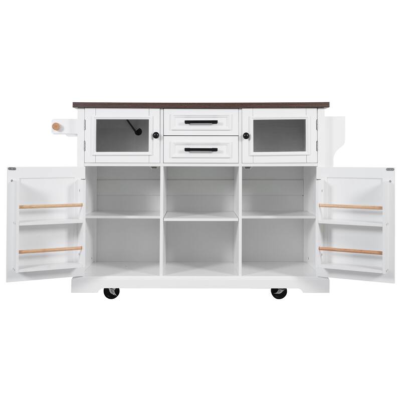 54.9" Kitchen Island with Drop Leaf, Power Outlet, with 4 Door Shelves, Cross Barn Doors & Visual Glass Door on 4 Wheels