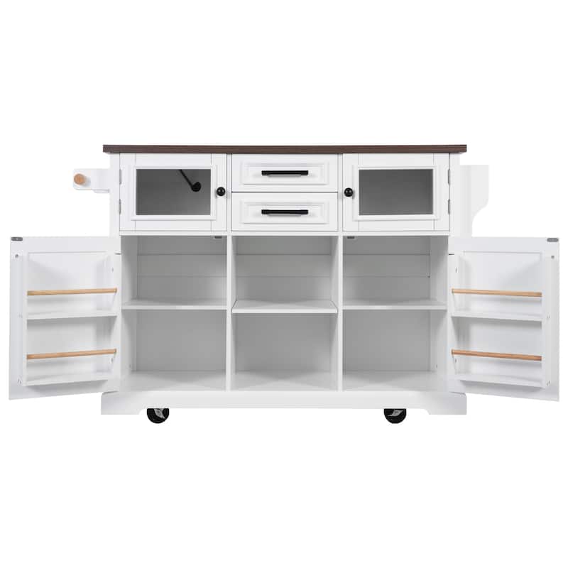 Kitchen Island with Drop Leaf, Power Outlet and 4 Door Shelves