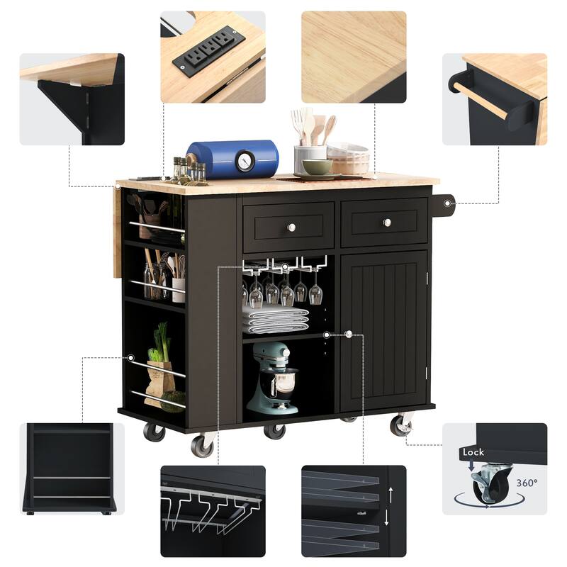 Open Rolling Kitchen Island on Wheels with Drop Leaf and Power Outlet
