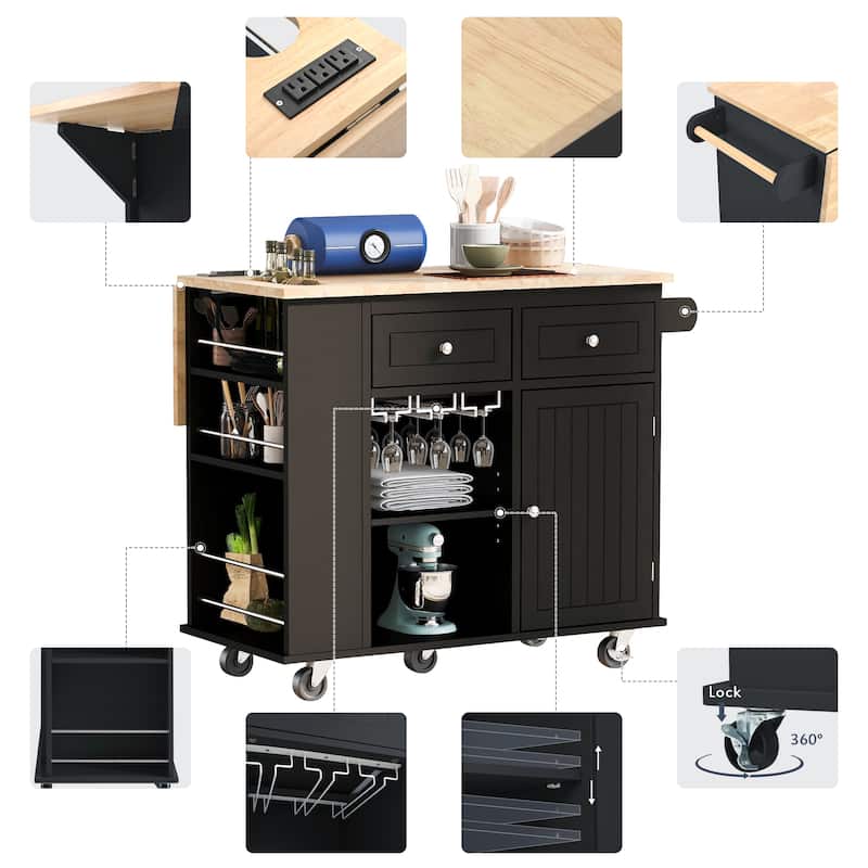 Removable Kitchen Island with Power Outlet, Black Wine Rack, Simple Storage Cabinet with Stemware Holder and 2 Drawers